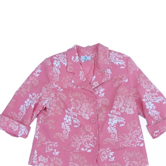 Women's Blazer Size 14 Pink Floral 3/4 Sleeves 2-Button Collared Studio Works - Picture 1 of 5